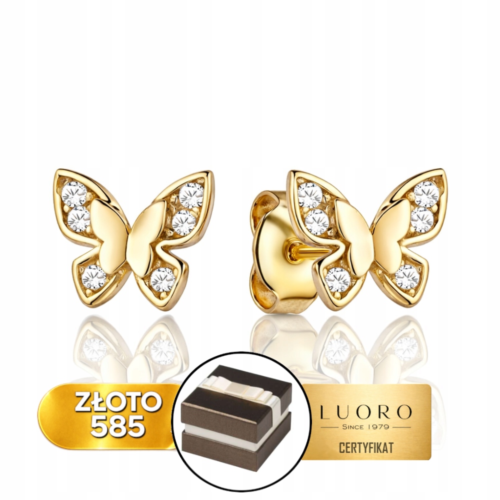 Náušnice Zlaté 585 14K Motýlek Se Zirkonem 7 MM Elegantní Tyčinka