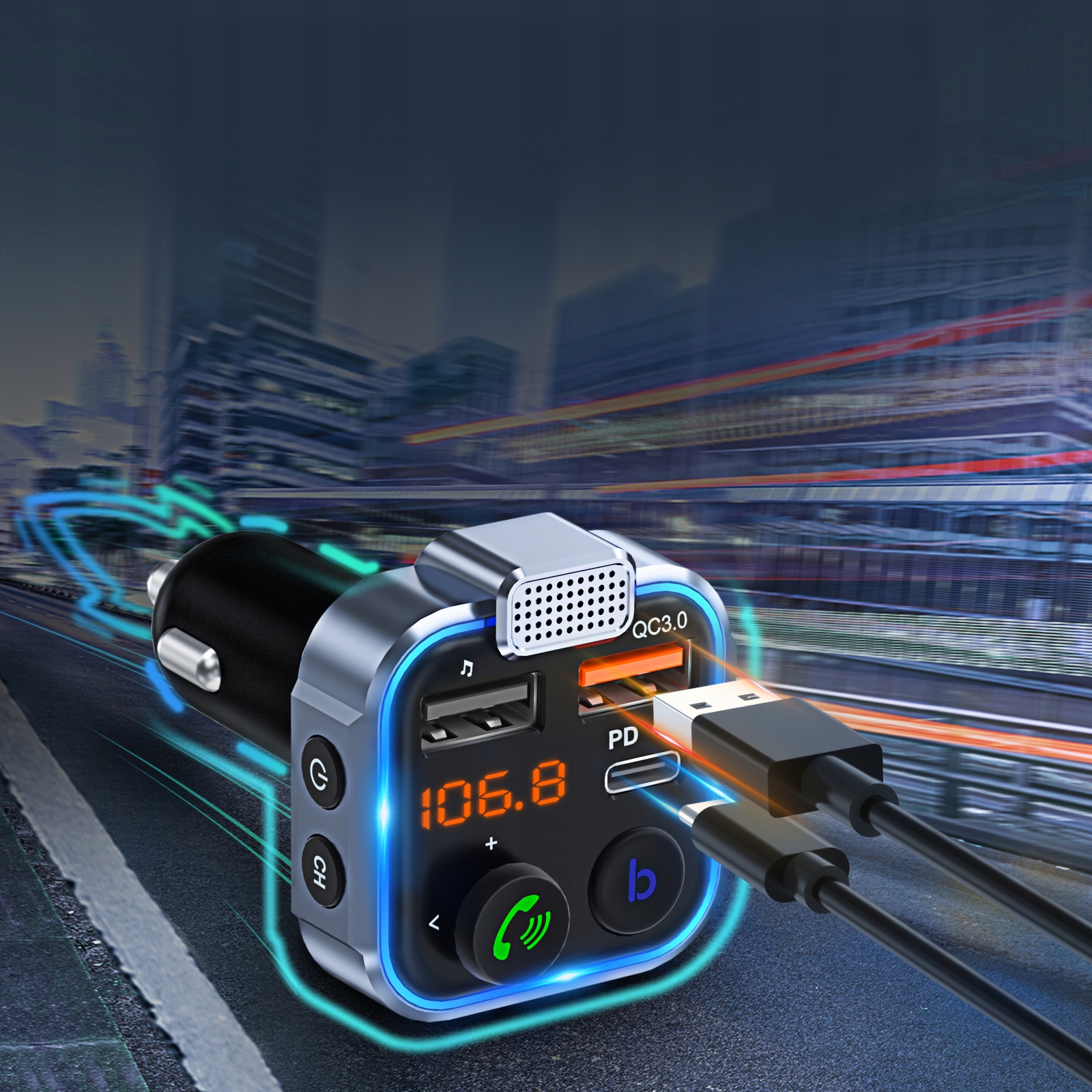 TRANSMITER BLUETOOTH AUDIO FM MP3 BT SZYBKA ŁADOWARKA 3X USB QC 3.0 RGB Kod producenta 74-166#