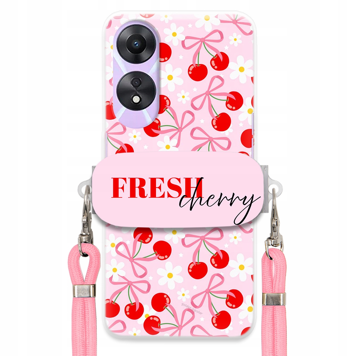 Pouzdro pro Oppo A58 5G Case Držák Šňůrka Růžová Cherry Třešničky Mašličky