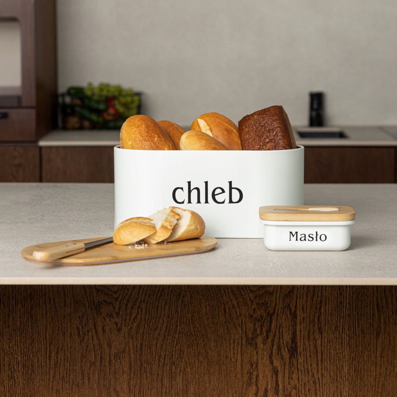 Zestaw CHLEBAK Z DESKĄ DO KROJENIA I MASELNICZKA Z NOŻEM + nóż do chleba Materiał metal