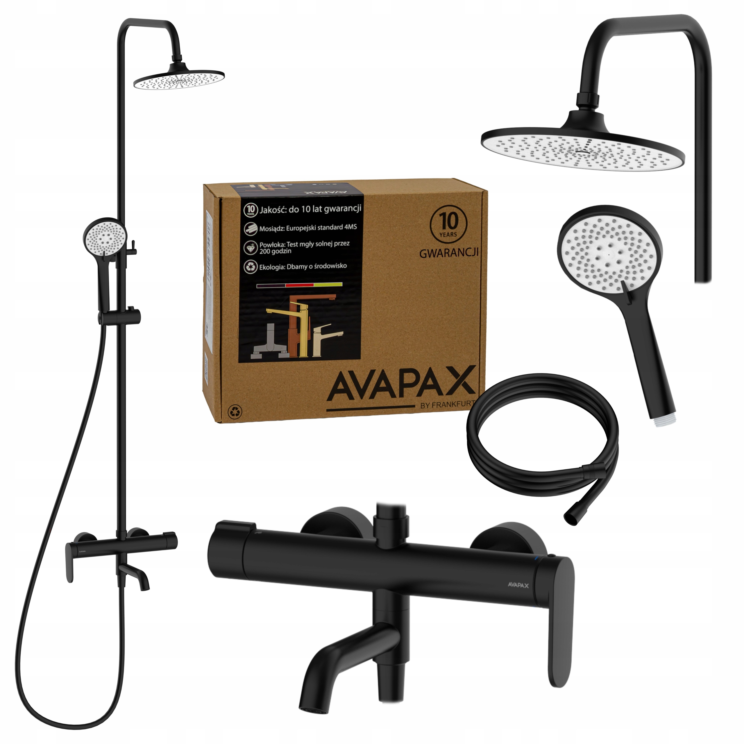 Sprchová sloupka s vanovou baterií černá, nastavitelná dešťová sprcha Avapax