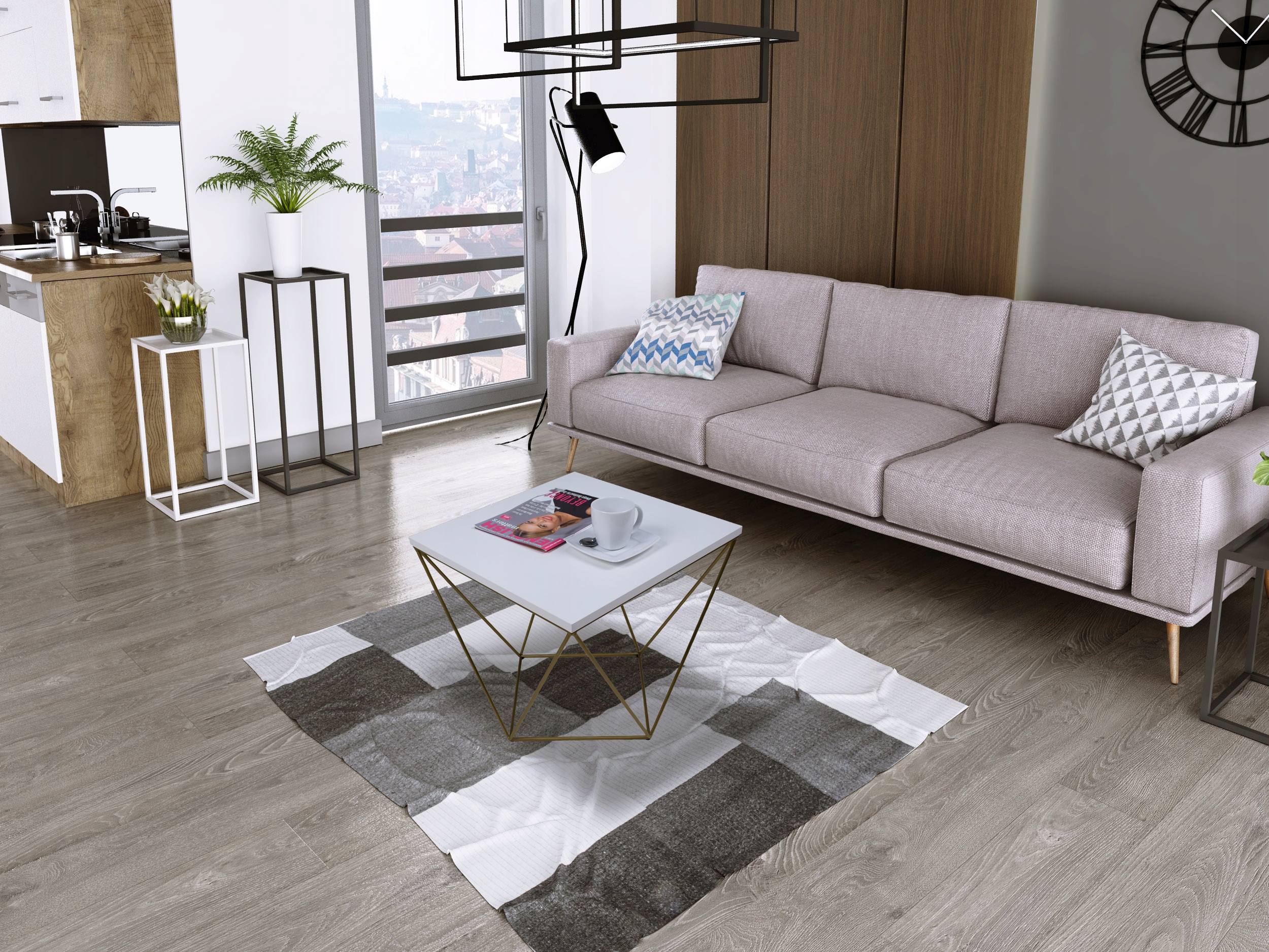 Kawowy Stolik Druciany Kwadratowy Loft Industrial Złoty+Biały Mat FutuStal Wysokość mebla 45 cm