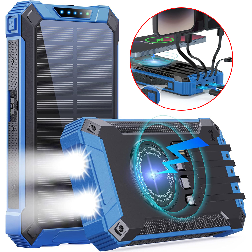 Powerbanka Solární Kompaktní Akumulátor 10000 Mah Usb 4 Kabely Led Svítilna