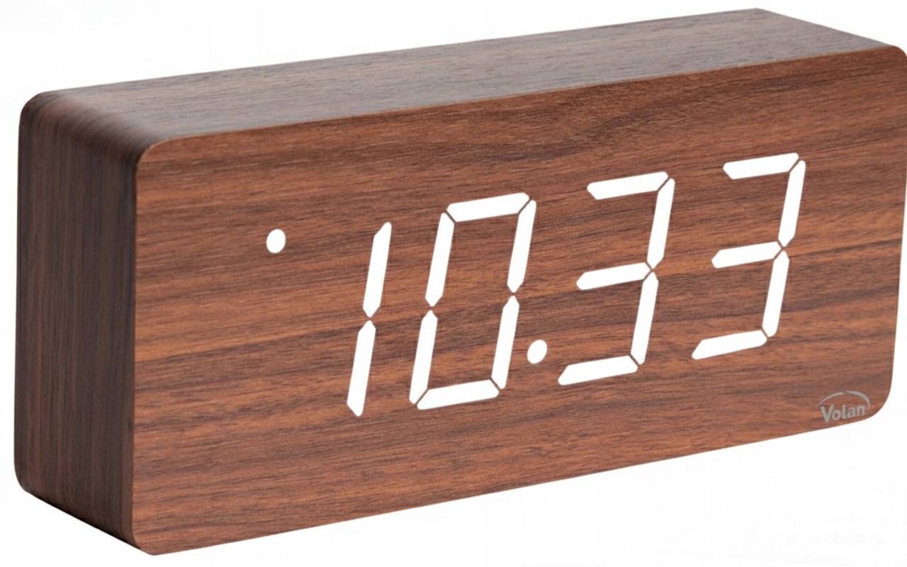 Duży Zegar Elektroniczny Budzik Led Drewniany Cyfrowy Stojący Termometr Dat