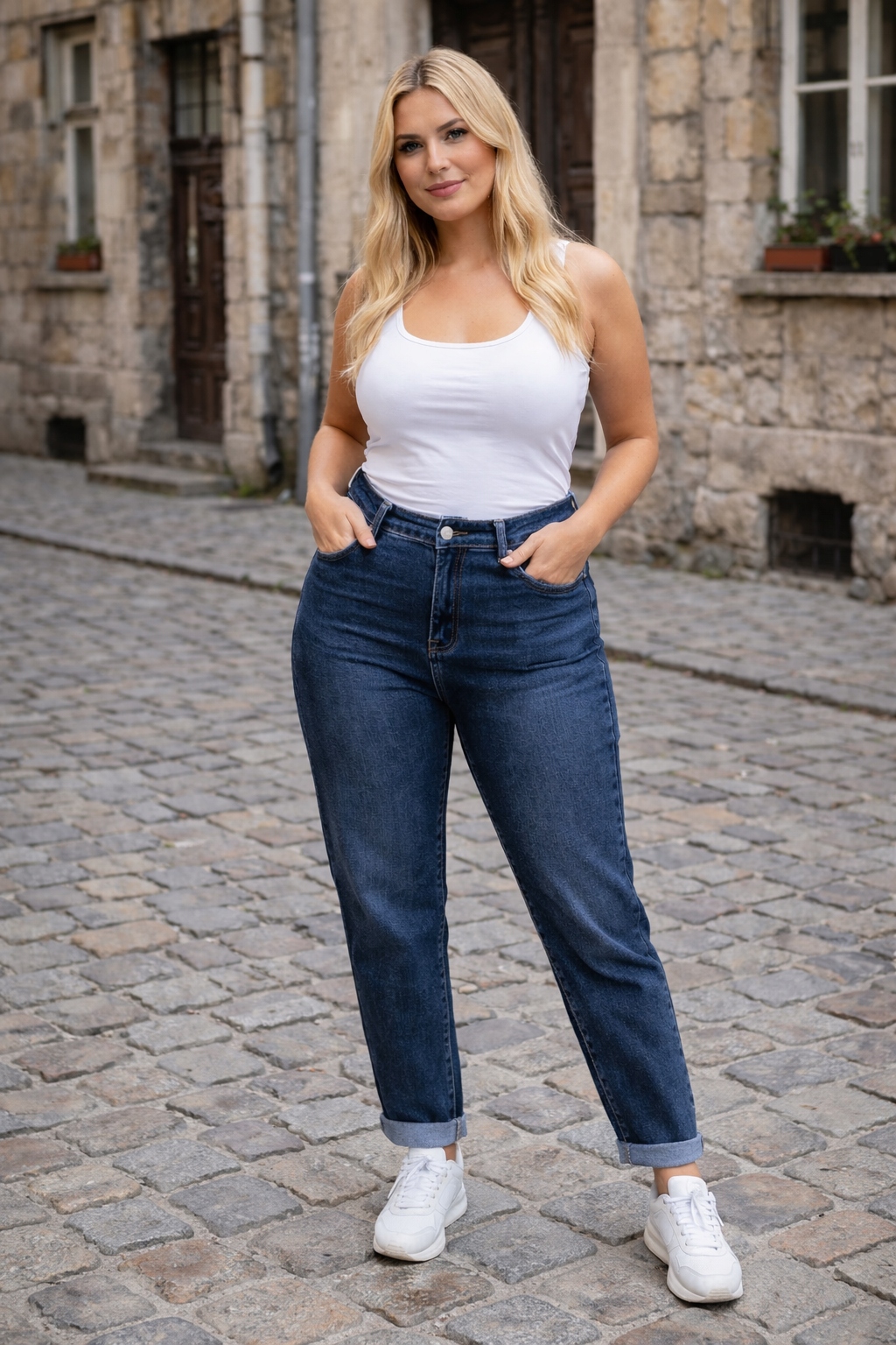 dámské džínové kalhoty mom fit tmavé Cudi, velké velikosti vel 36