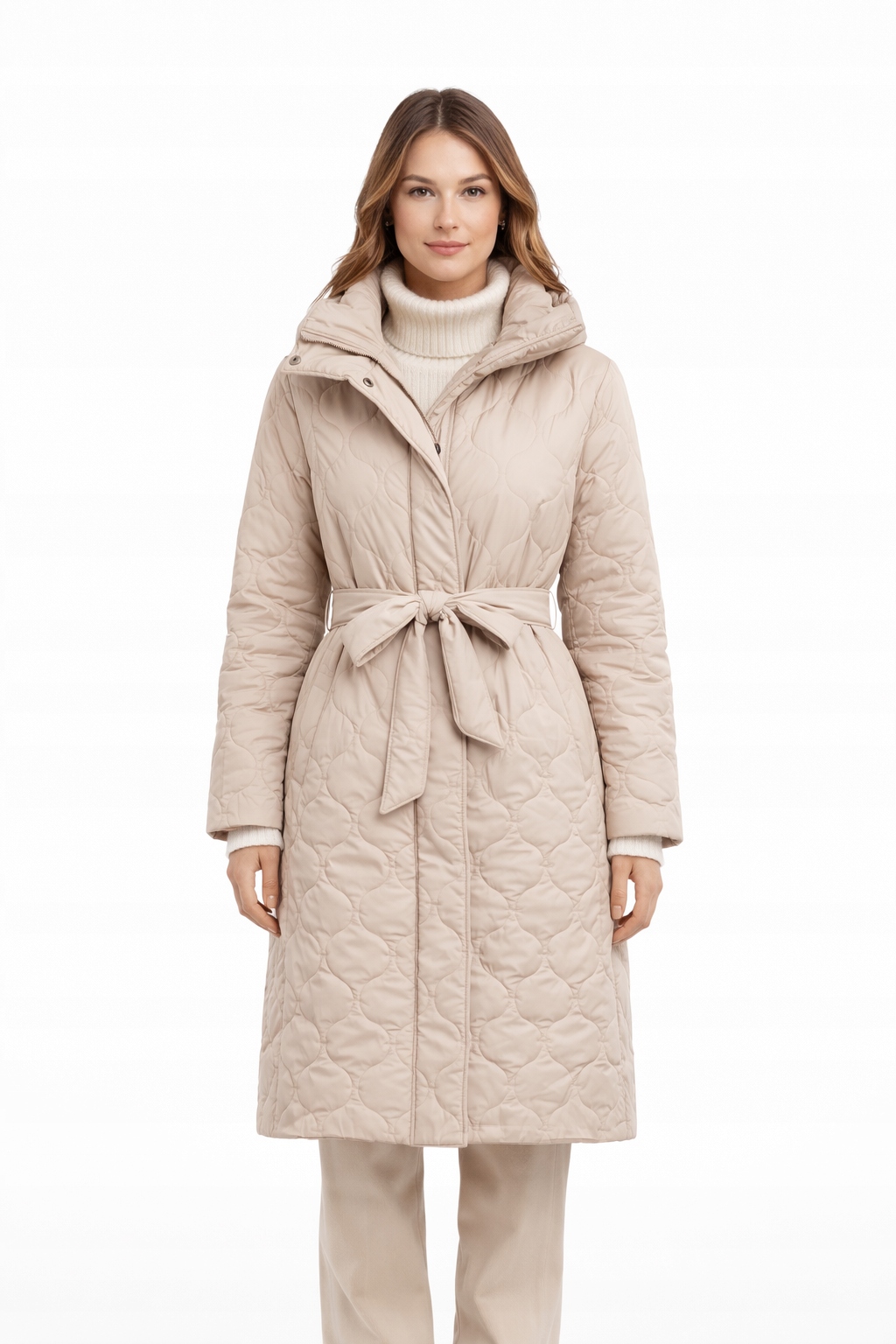 Béžová Prošívaná Bunda S Páskem A Kapucí 1I4A