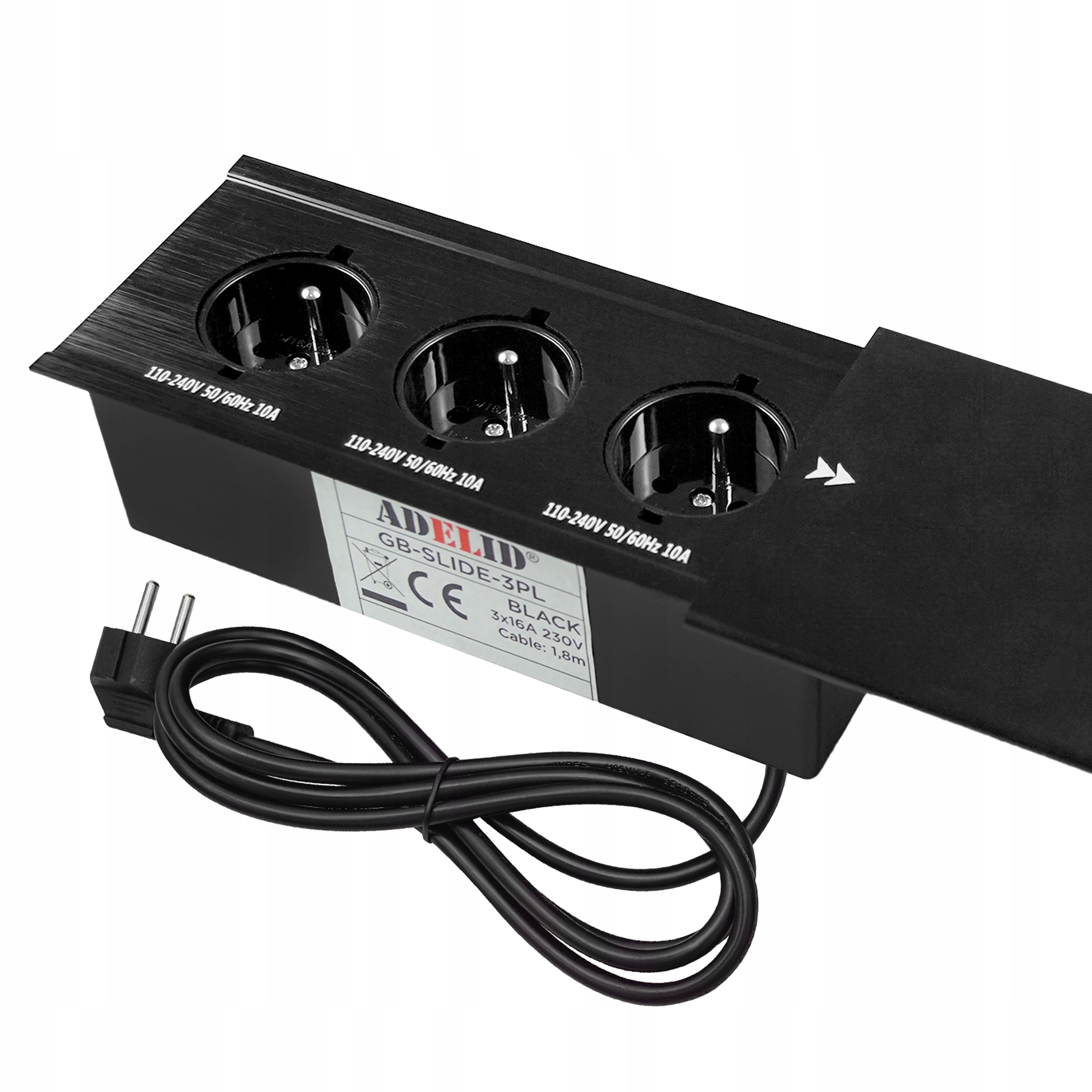 Gniazdo Potrójne Blatowe Nablatowe Meblowe Przesuwne Czarne Gniazdko 230V