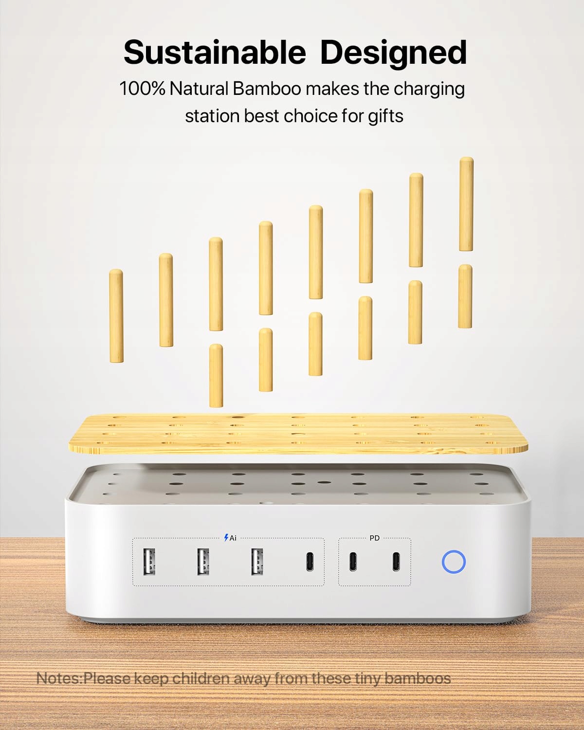 VISIONSYNC Stacja Ładowania USB C 60W 6 Portów Z Bambusa Biała — miniatura 4