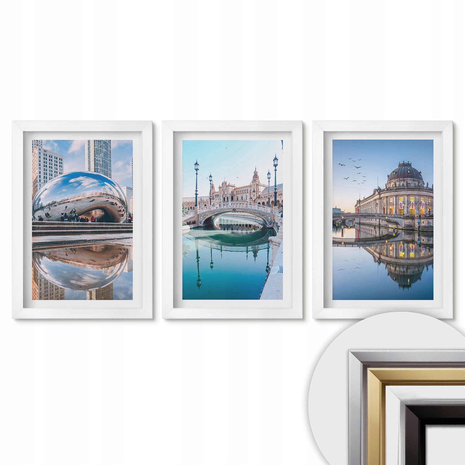 Sada 3 obrazů 20x30 cm do obývacího pokoje Triptych Architektura měst ve vodě