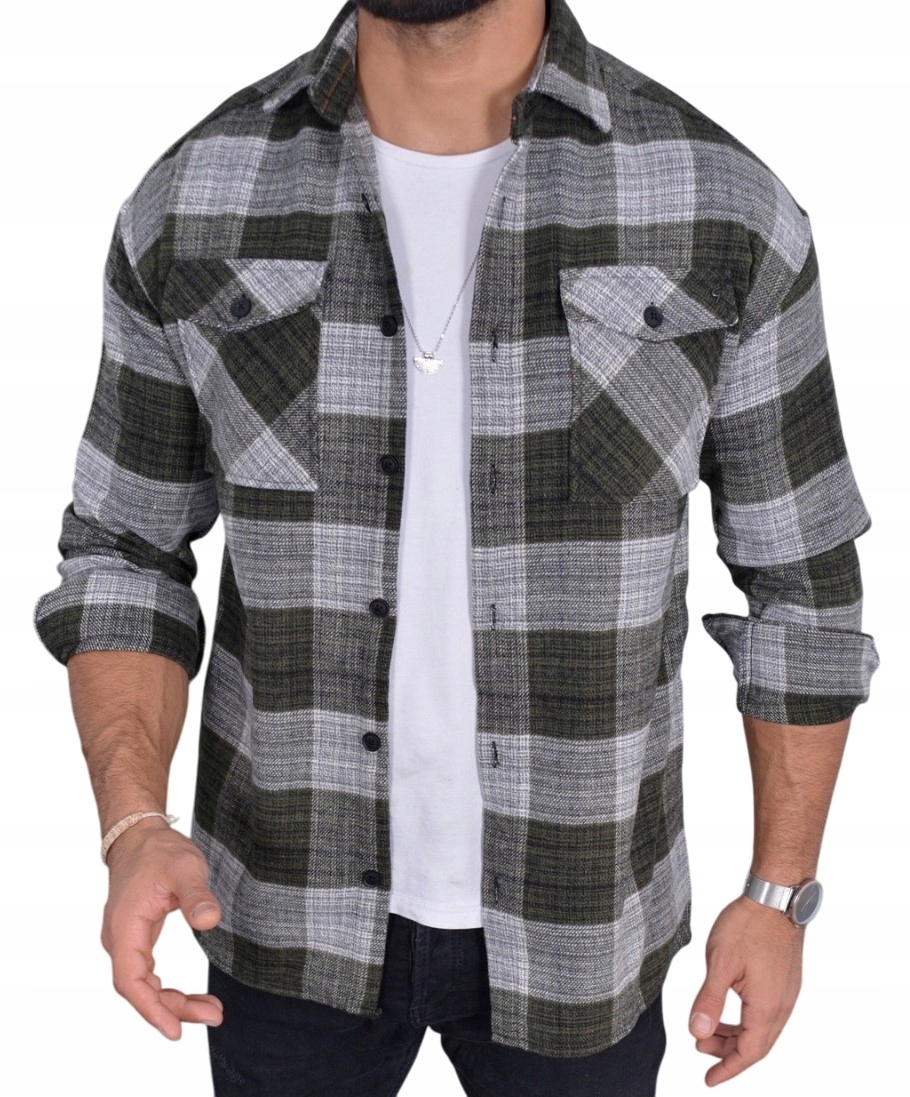 Flanelowa Koszula Męska W Kratę Kieszonki Casual XL