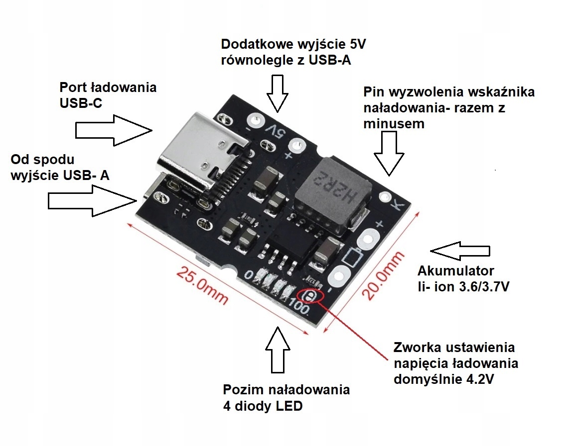 Moduł ładowarki Power Bank USB C 5V 2A Li-ion Rodzaj ładowarka