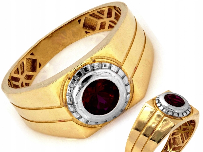 Dvoubarevný zlatý prsten 585 s červeným očkem v rámu z bílého zlata