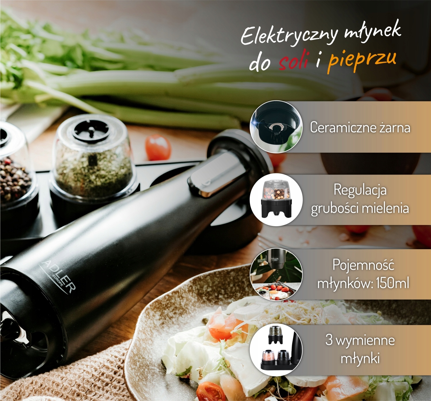 Zestaw 3 Młynek do Przypraw Adler AD 4449 Czarny - USB