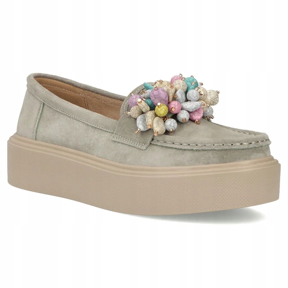 Skórzane mokasyny damskie z Koralikami półbuty Khaki zamsz Filippo DP6765