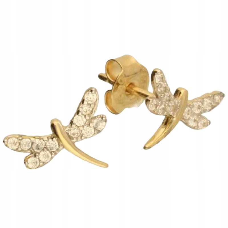 Vážka Náušnice Zlaté 14K se zirkony elegantní tyčinky hmyz zlato 585