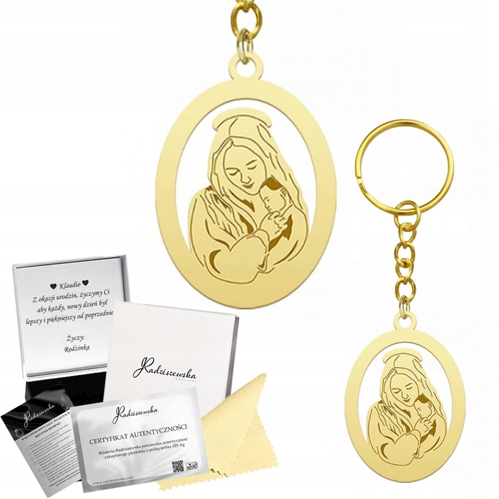 Zlatý Přívěsek Na Klíče na klíče Matka Boží Stříbro 925 Dárek Gadget Gravírování Bonus