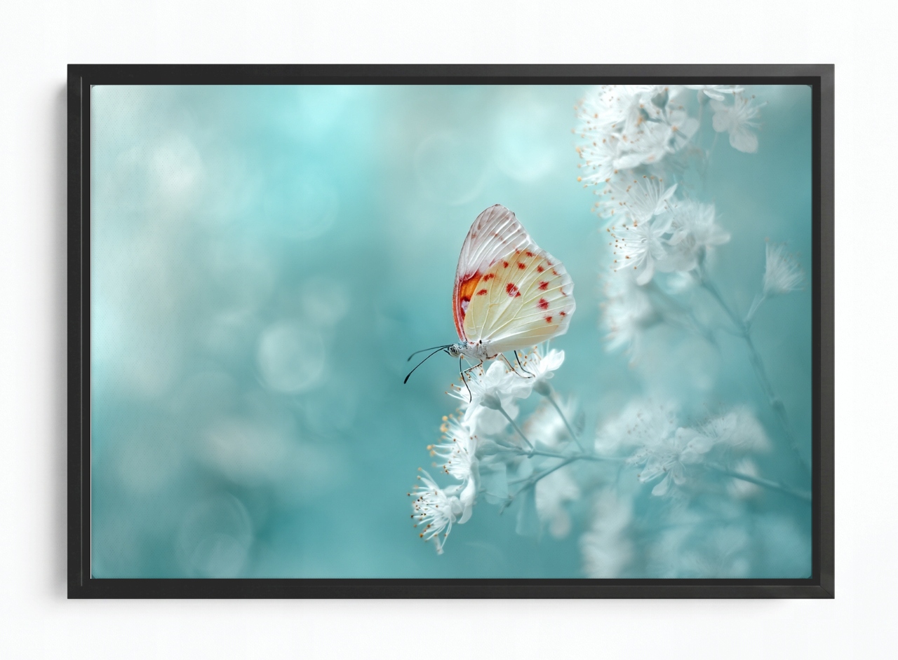 Obraz Rám Americký Box Jemný Motýl Bílé Květy Turkus Bokeh 60x40