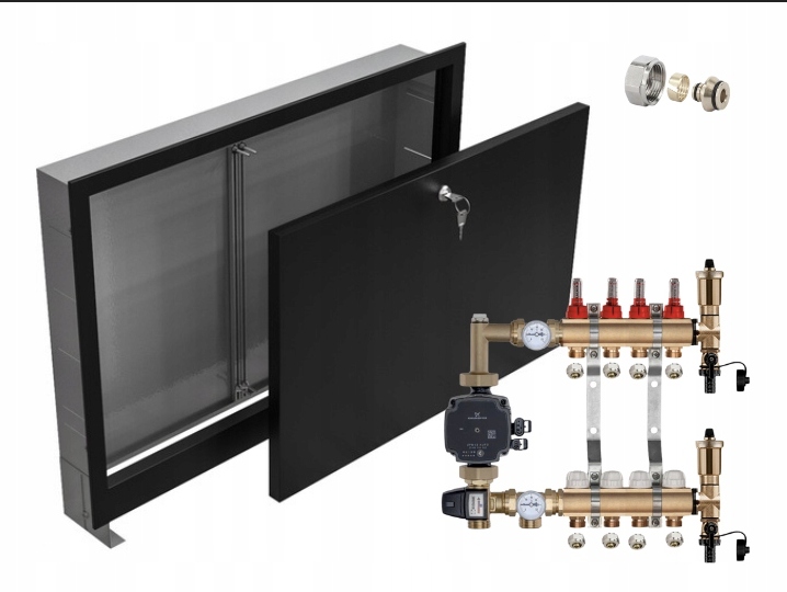 Rozdělovač pro podlahu 4 s Pompou Grundfos+pex+podomítková Skříňka Černá