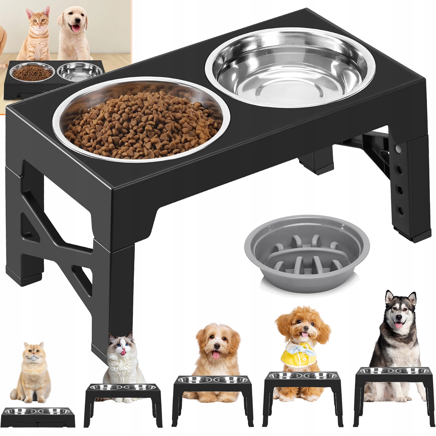 Levně Miska Pro Psa Regulovatelná, Dvojitá, Netekoucí, Zpomalovací, Stojan 2V1