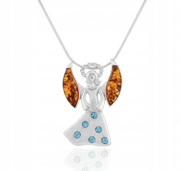 Stříbrný Andělský Přívěsek S Jantarem A Zirkony