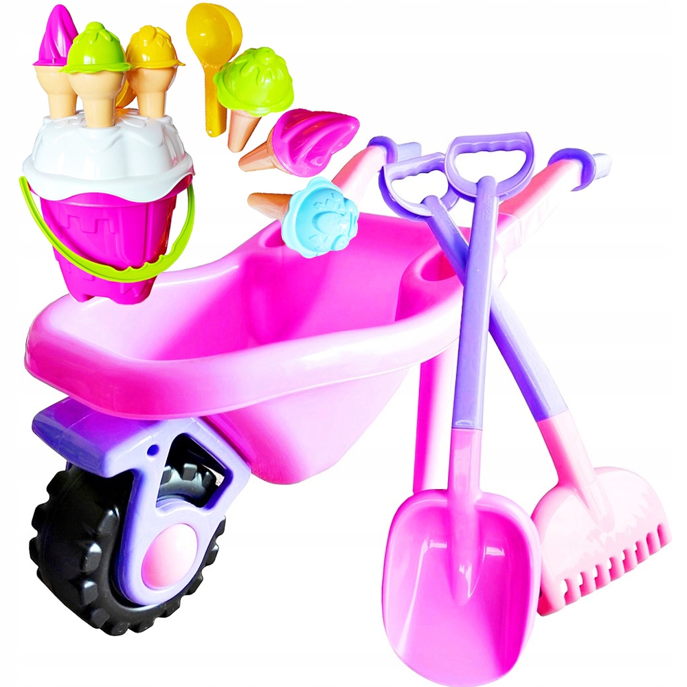 DUŻA RÓŻOWA TACZKA DO PIASKU + ŁOPATA + GRABIE + WIADERKO ZAMEK LODY T