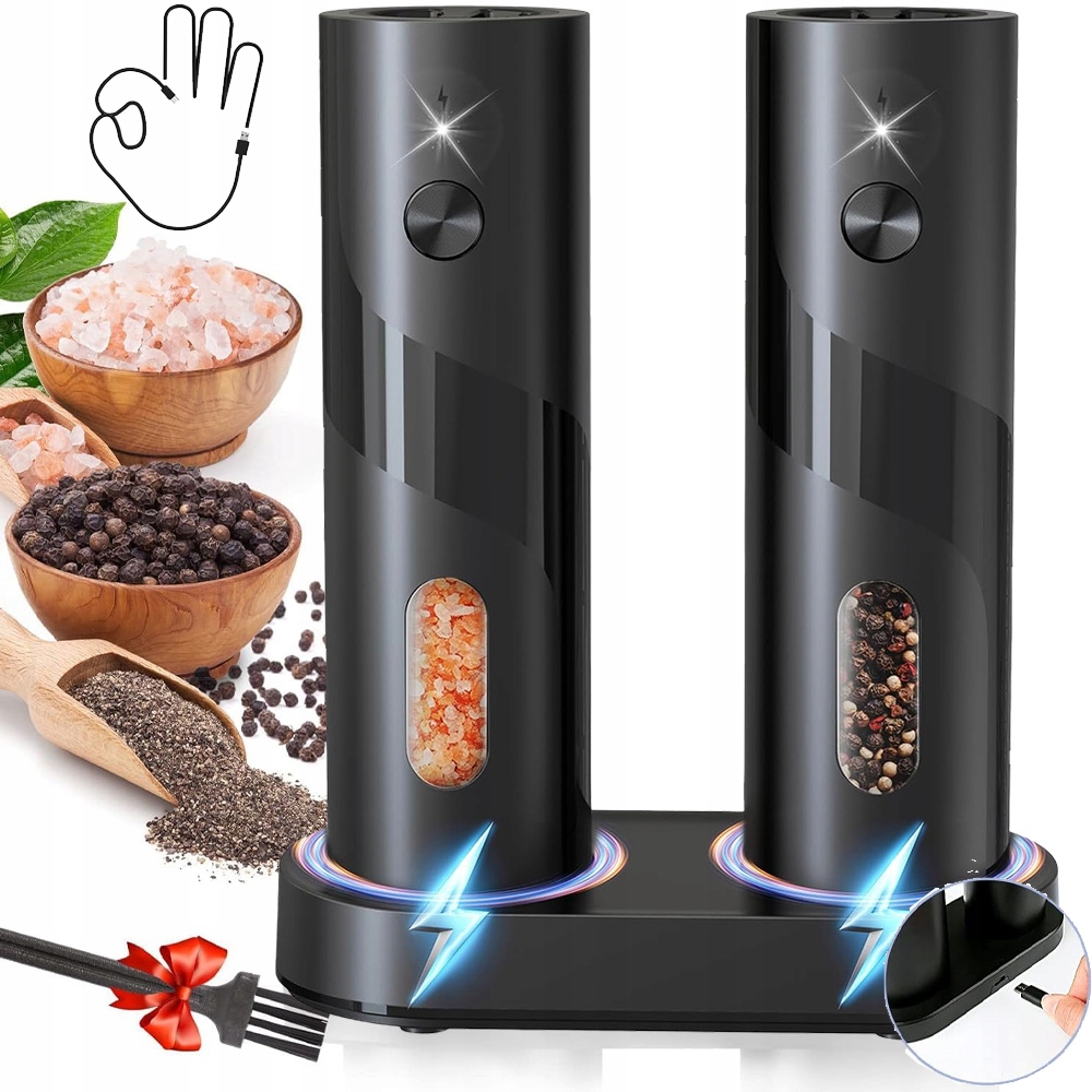 Elektrický Mlýnek Na Sůl A Pepř, Koření, Bylinky, Led S Nabíjecí Základnou, 2 Ks
