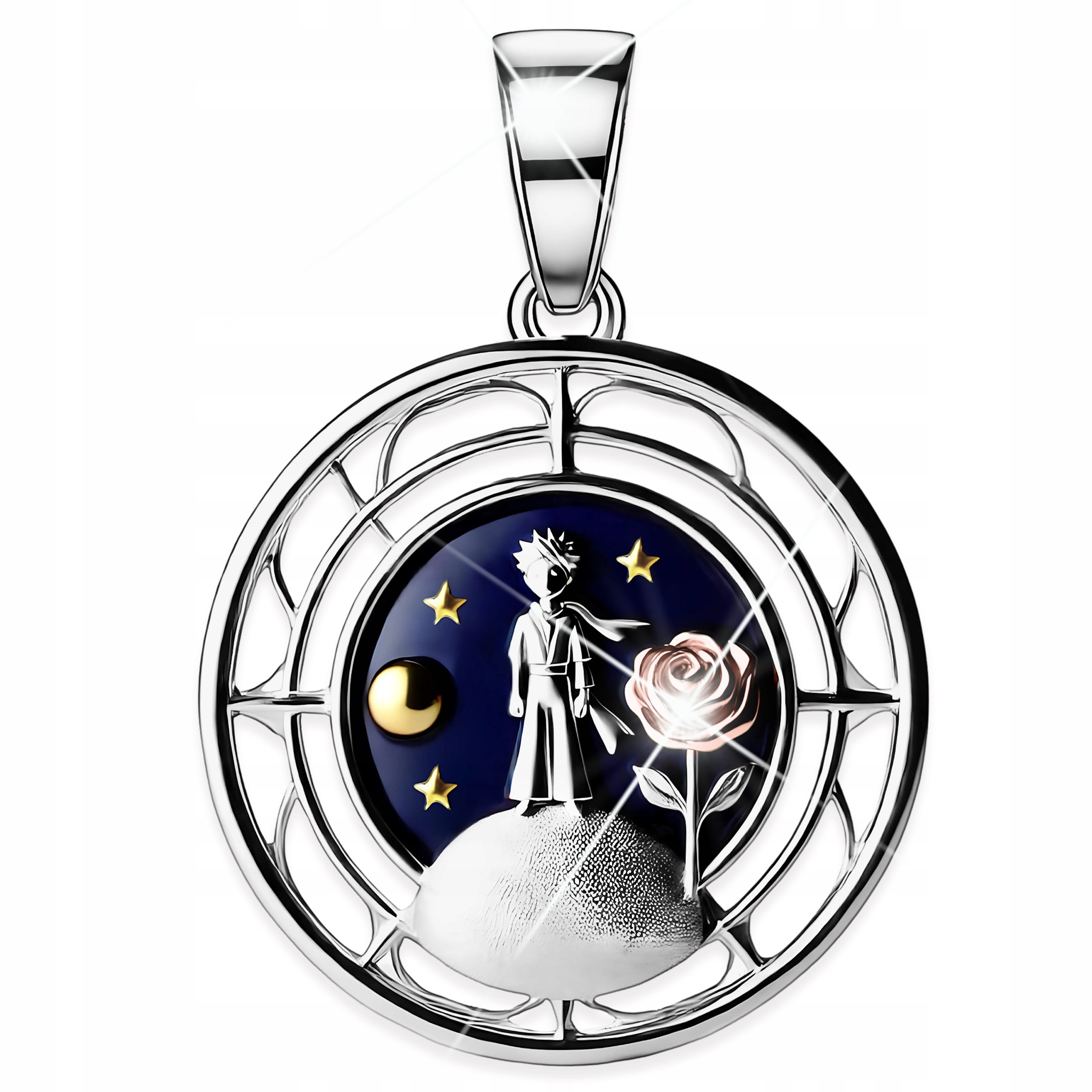 Stříbrný přívěsek Malý chlapec s růží Smalt Hvězdná noc Stříbro 925