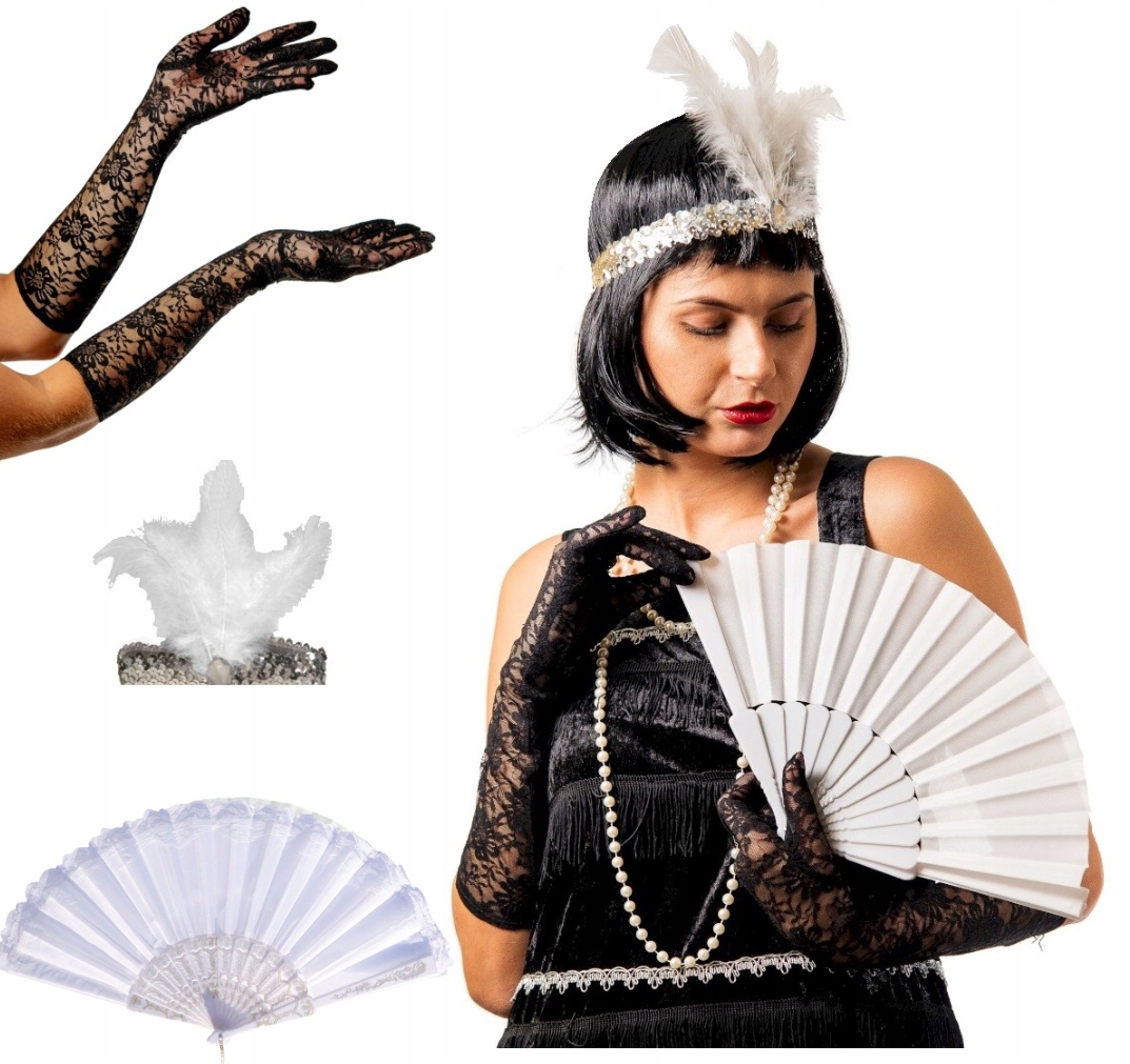 ZESTAW Lata 20' Dama Wachlarz Opaska Rękawiczki