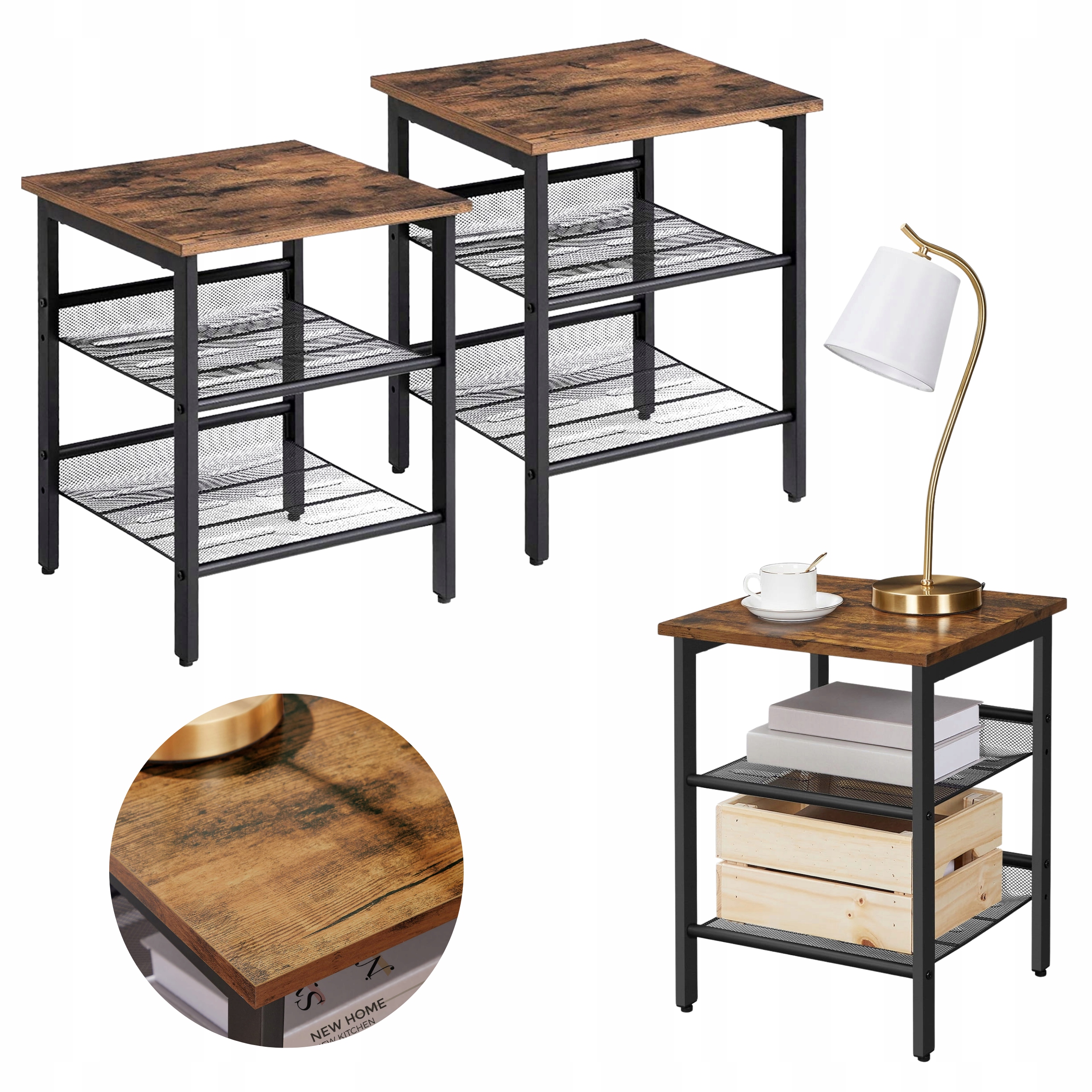 Nočná skrinka sada 2 ks bočný stolík s 2 policami Loft spálňa 40x40x45