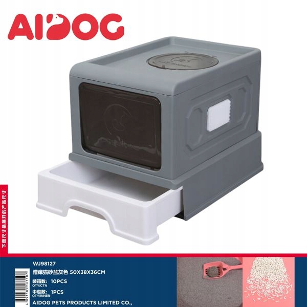 Levně Šedá toaleta pro kočky s vestavěným zásobníkem 50x38x36 cm