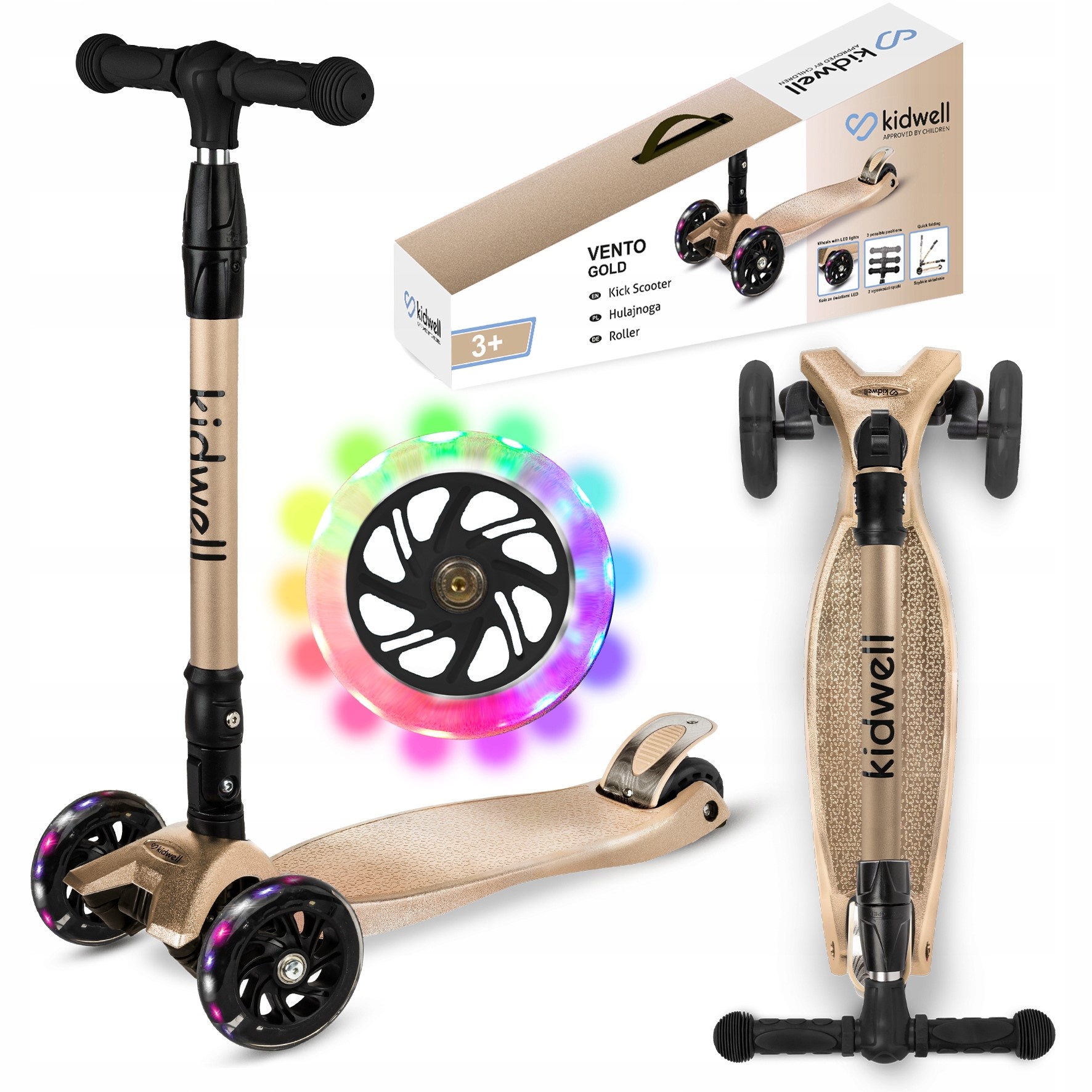 Hulajnoga balansowa Vento Gold złota błyszcząca Led trójkołowa