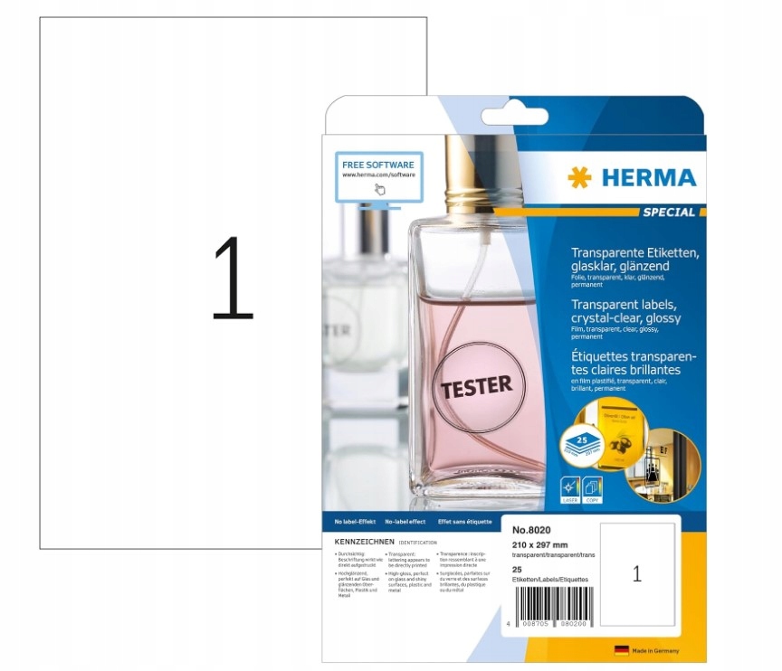Herma 8020 Etikety pro tisk 210 x 297 mm, průhledné, lesklé, 25 Ks.