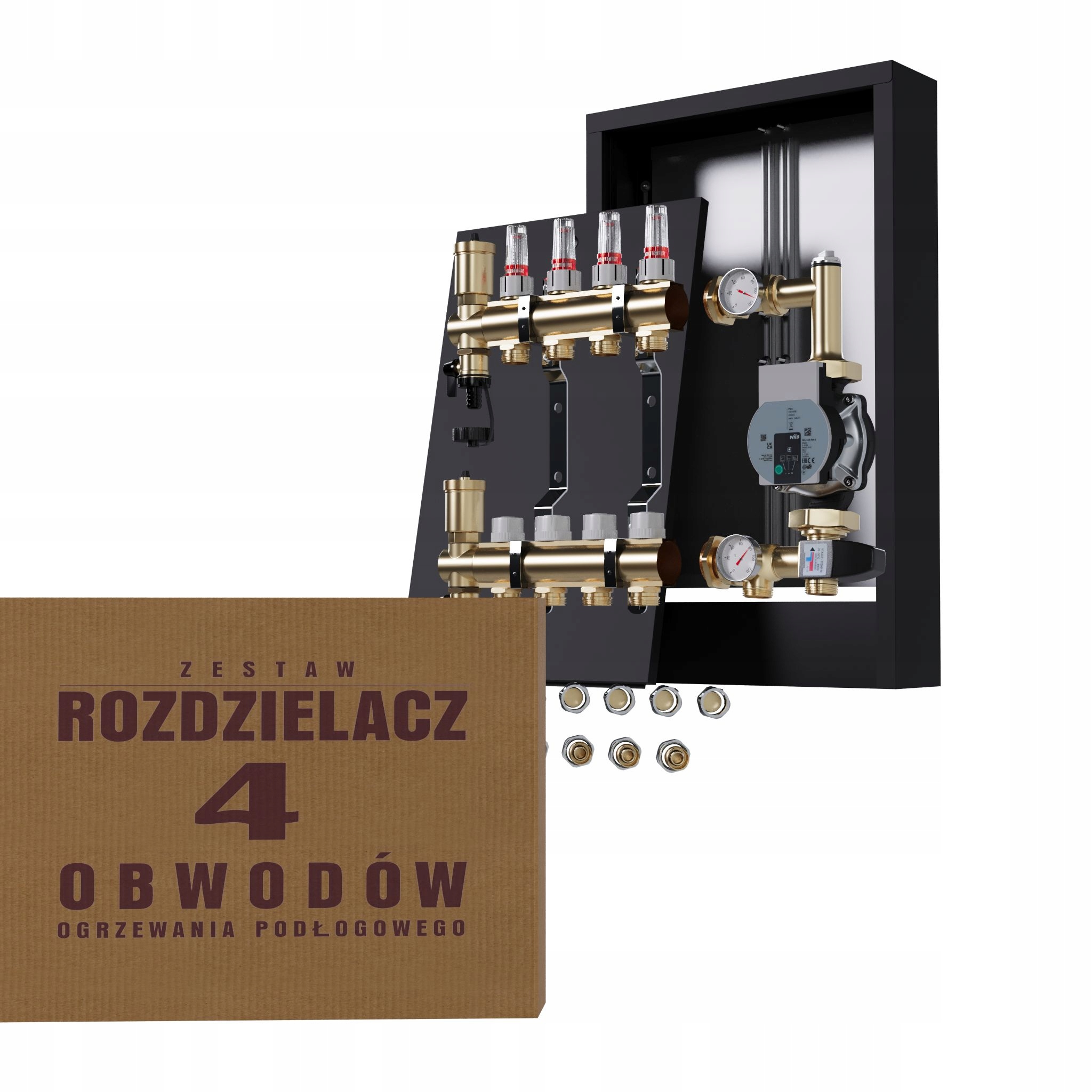 Rozdělovač pro podlahu 4 okruhy s čerpací skupinou Wilo nástěnný Pex