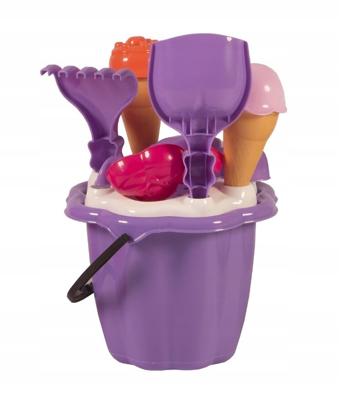 Wiaderko do piasku z lodami i foremkami łopatka i grabki