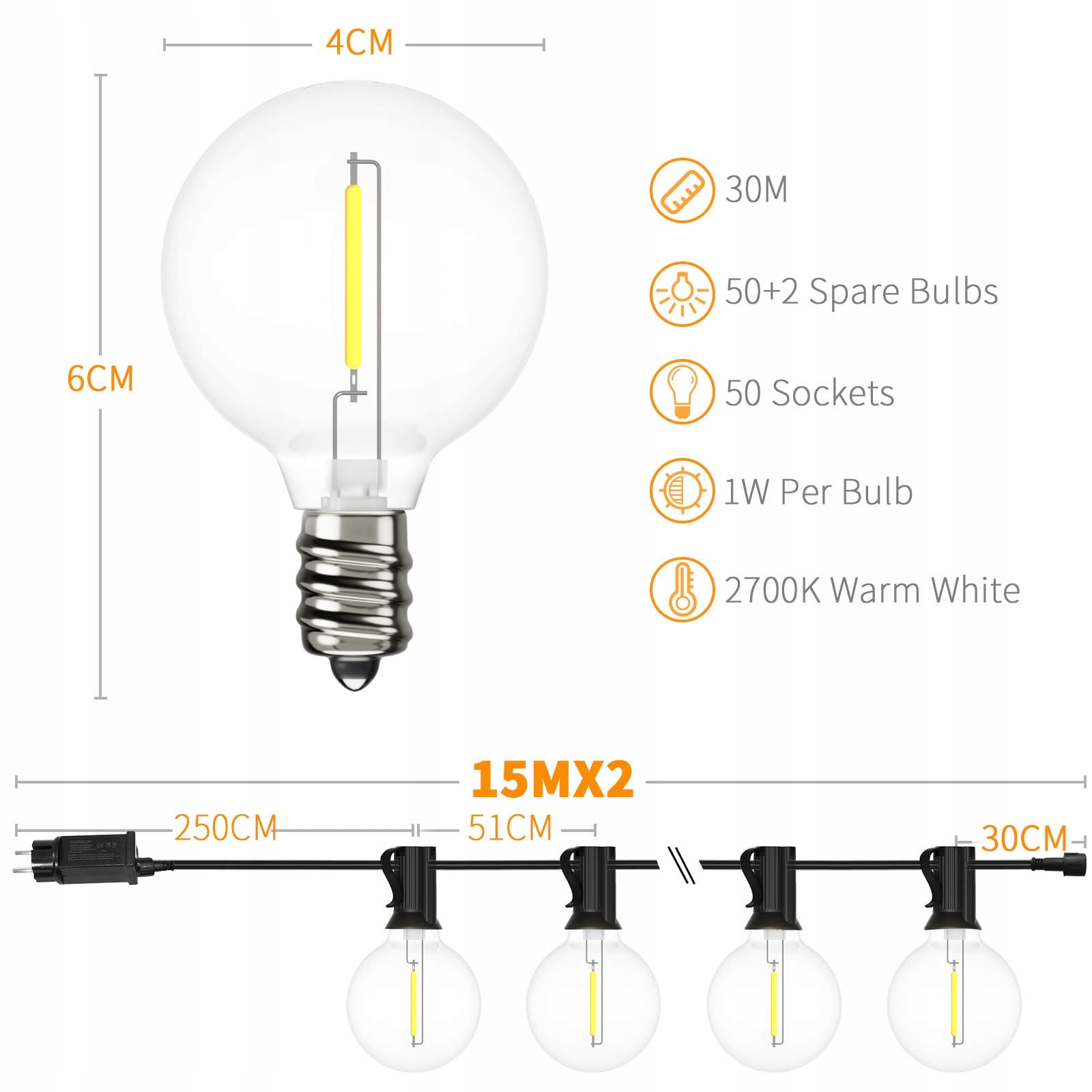 YUUCIO Girlanda 30M Lampki Zewnętrzne LED Z Pilotem 50+2 G40 Żarówki — miniatura 3