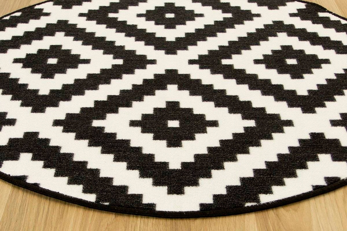 śr. 200 cm OKRĄGŁY MODNY CZARNO BIAŁY DYWAN KOŁO ROMBY DO POKOJU DZIENNEGO Grubość 6 mm
