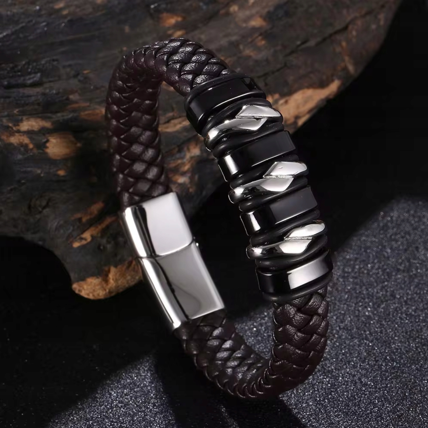 Kožený náramek z oceli Brown Pletený Ocel 316L Pevné zapínání Magnet