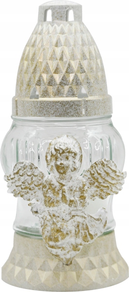 Znicz szklany LA11 14cm, wkład 30g, czas palenia 8h, aplikacja ANIOŁ BZŁ