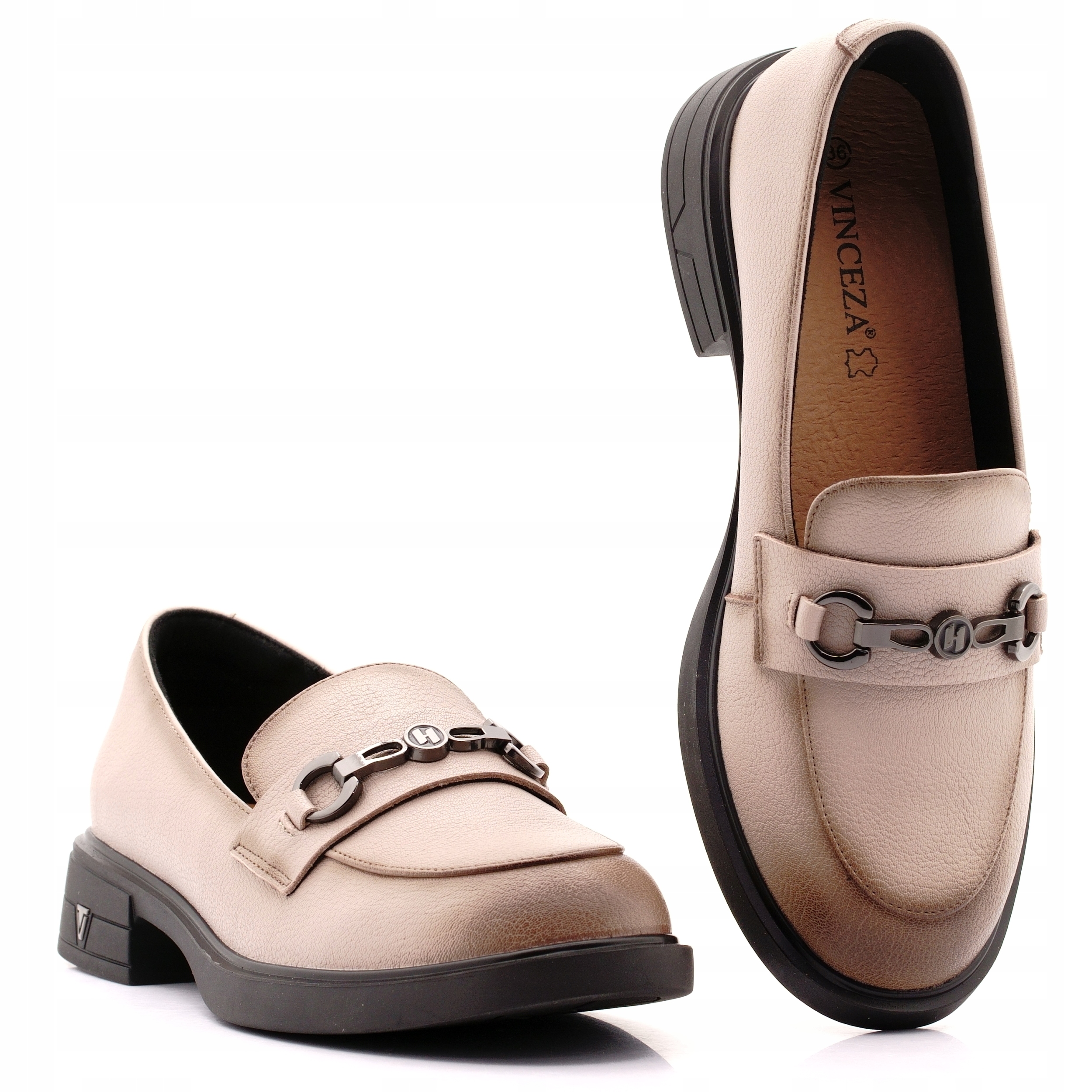 Vinceza Buty Damskie Mokasyny Beżowe Półbuty Lordsy Skórzane 39991 39