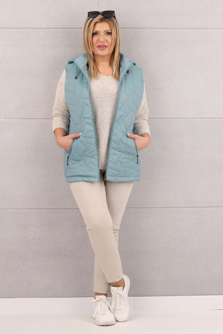 KAMIZELKA PIKOWANA DŁUGA Z KAPTUREM DAMSKA MODNY BEZREKAWNIK ROZMIARY Odcień morski