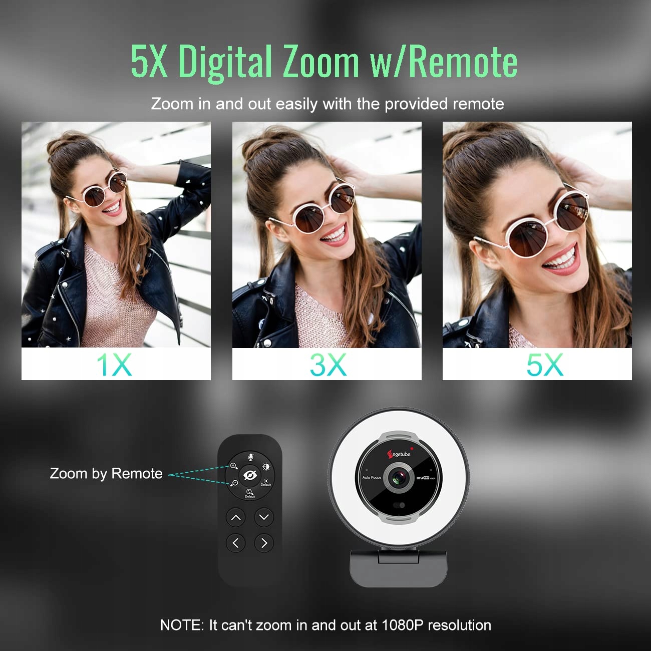 ANGETUBE Kamera 1080P 60FPS z Ring Light Zoom 5X Mikrofony PC Laptop Mac — miniatura 5