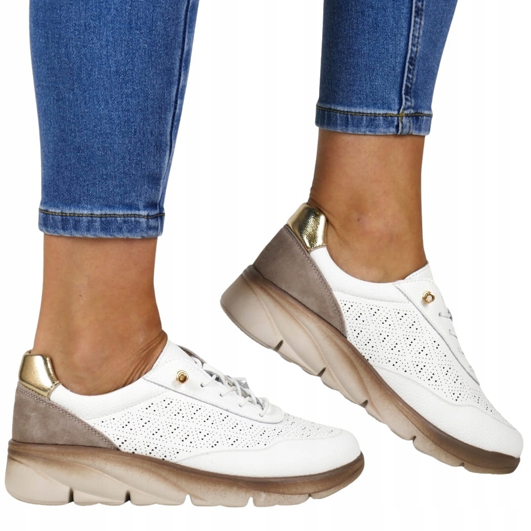 iButy Tenisky Dámské Boty Ažurové Z Kůže Pohodlné Světle Hnědé Bílé