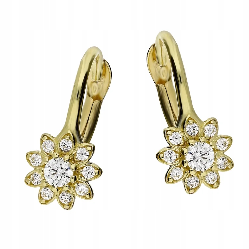 Zlaté náušnice 585 s jemnými kvítky a bílými zirkony, dárek 1,37g