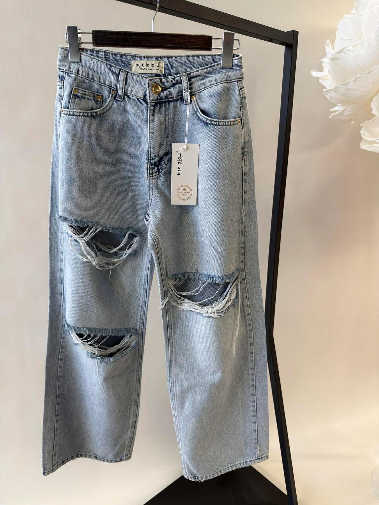 By O La La! Spodnie Wide Leg Z Dziurami Niebieskie M