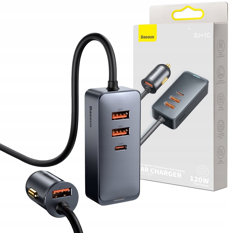 

Ładowarka samochodowa Baseus 3x Usb-a, Usb-c