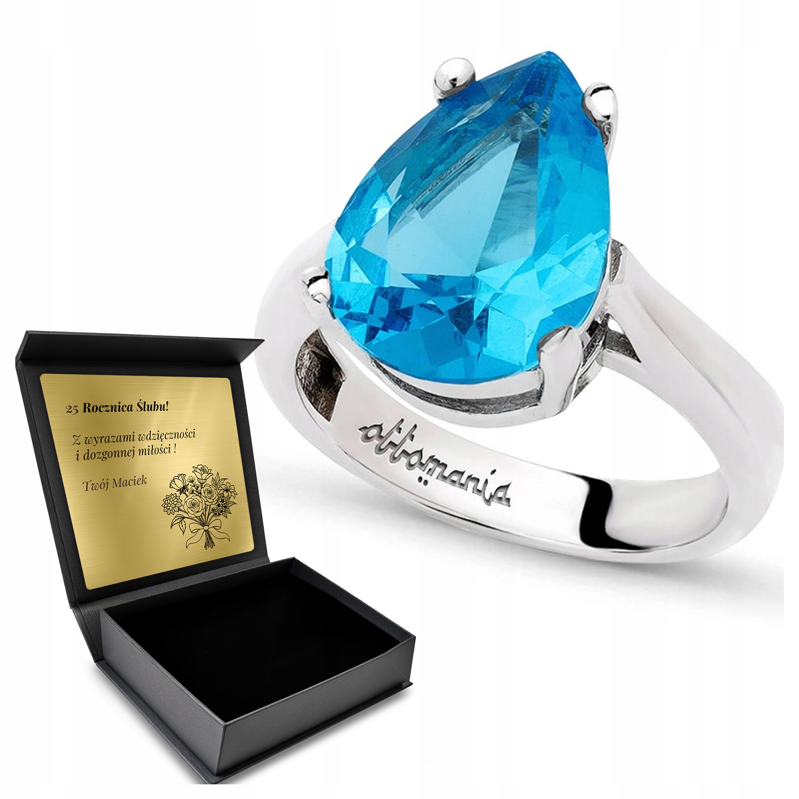 Prstýnek 925 Modrý Topaz Dárek k Valentýnu Gravírování Bonus