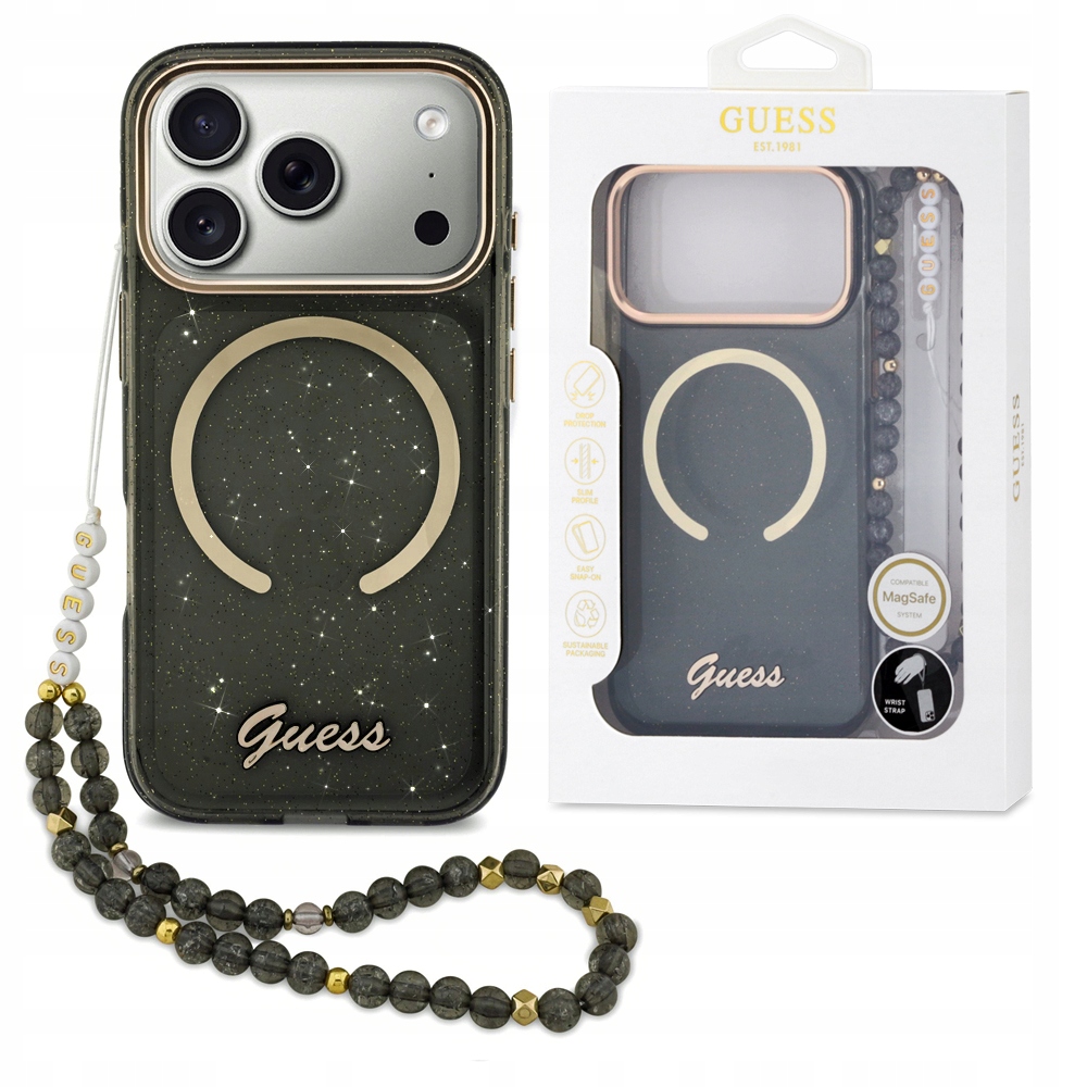 Guess pouzdro se třpytkami pro MagSafe s přívěskem na ruku pro iPhone 17 Pro Max