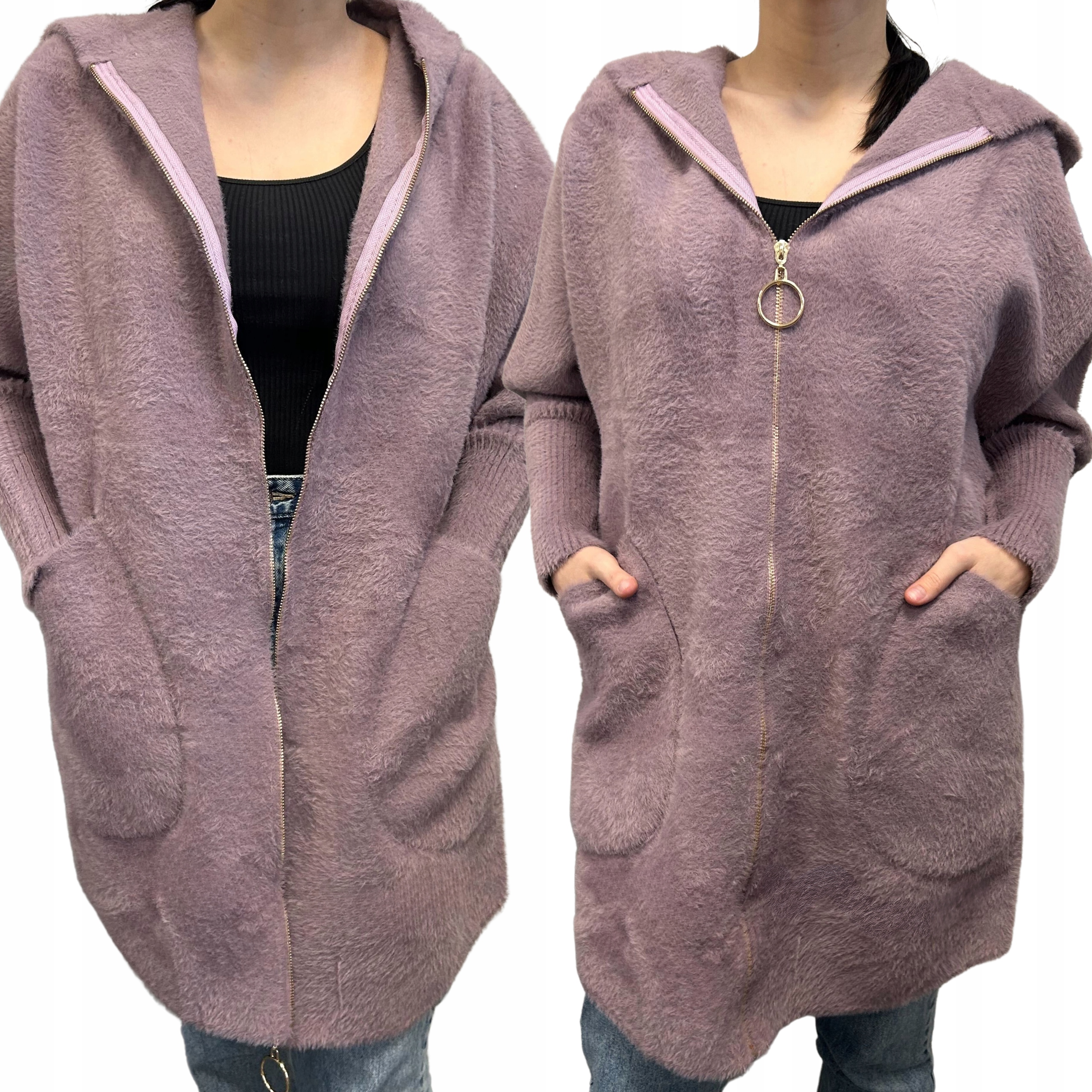 Alpaka Damska Płaszcz Kurtka Sweter Ciepła Długa Kaptur Suwak Zg Lawen 2022