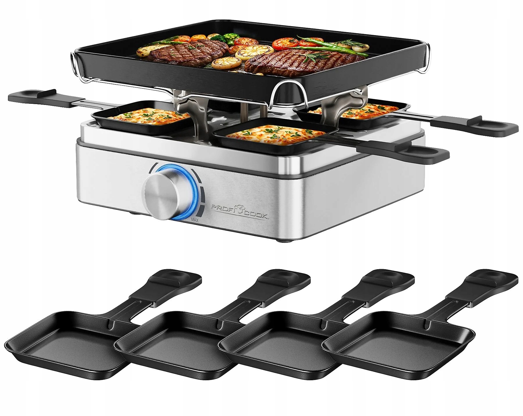 Elektrický Gril raclette Stolní gril toustovač pro 4 osoby 4 pánvičky 800W