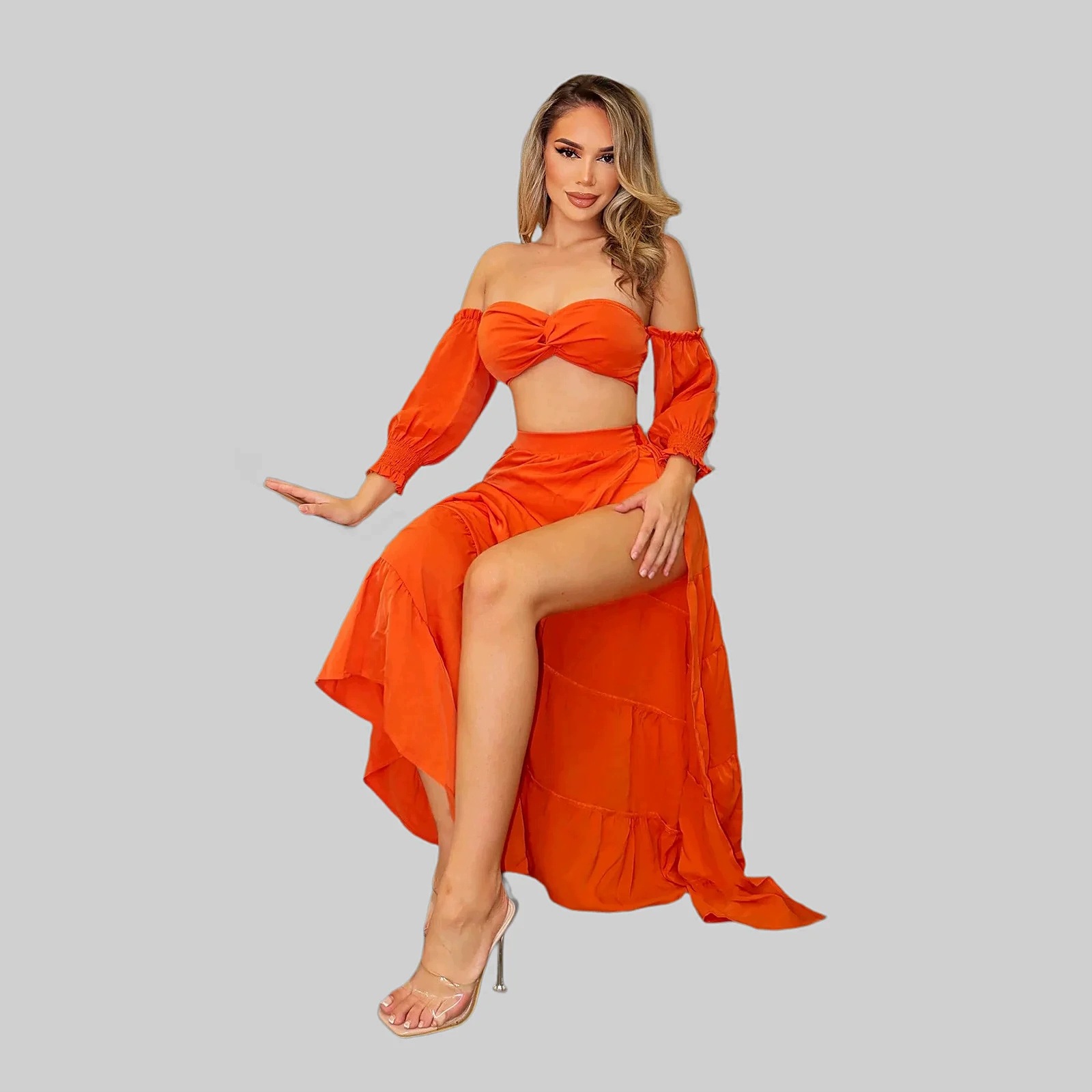 Letní Komplet Sexy oranžový casual Top S Sukní M 38